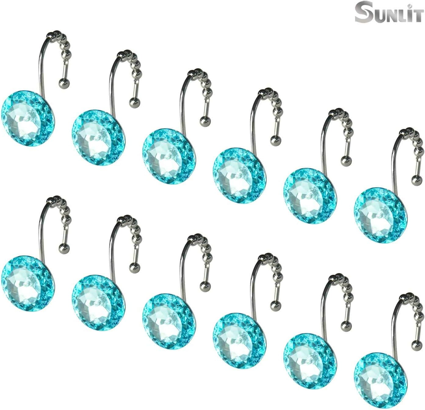 Luxury Design round Teal Blue Diamond Crystal Gem Bling with Glide Balls Shower Curtain Hooks for Mermaid Shower Curtains, Rust Proof Metal Rhinestones Glam Shower Curtain Rings-12 Pack