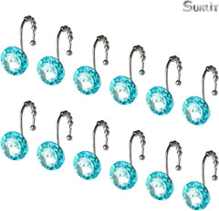 Luxury Design round Teal Blue Diamond Crystal Gem Bling with Glide Balls Shower Curtain Hooks for Mermaid Shower Curtains, Rust Proof Metal Rhinestones Glam Shower Curtain Rings-12 Pack