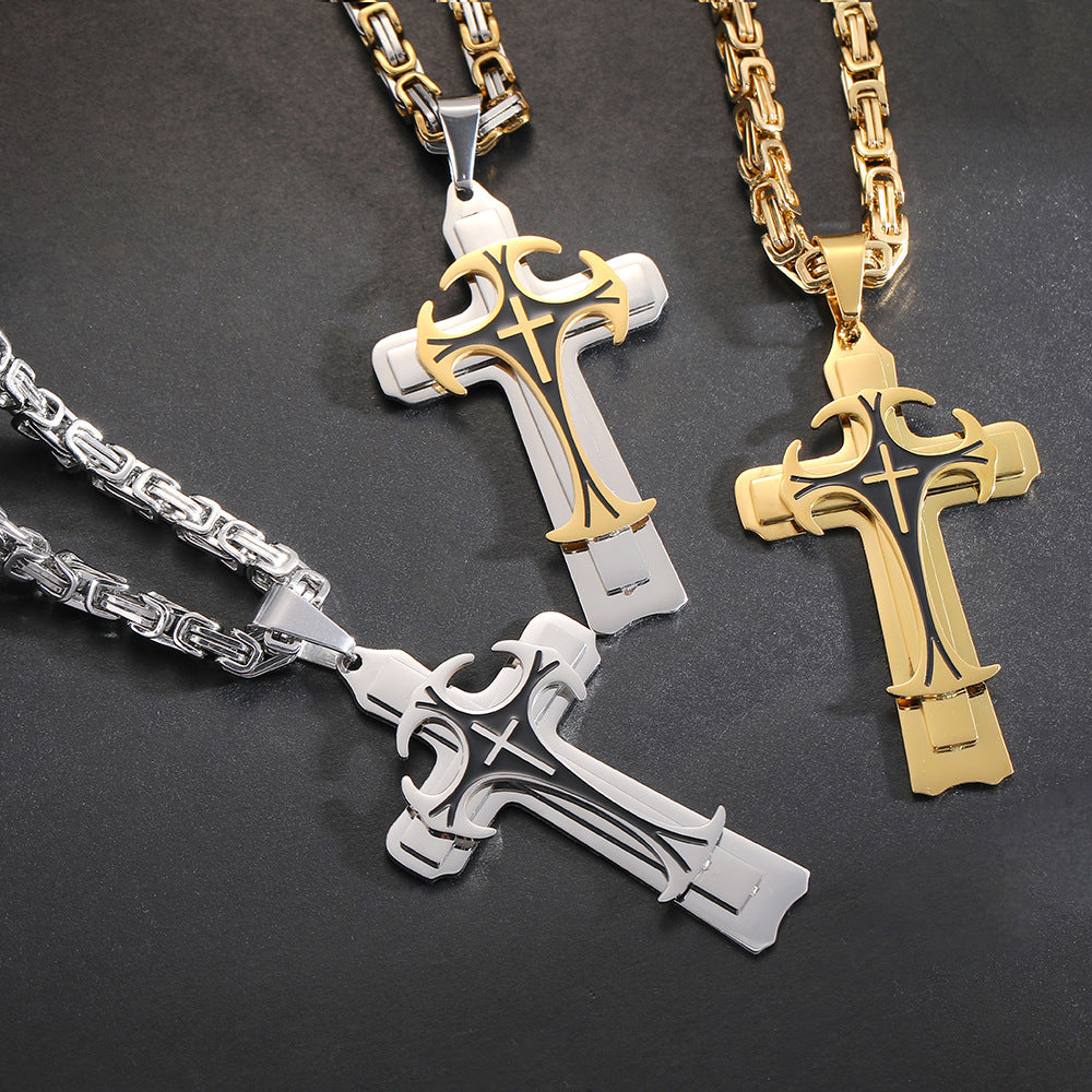 Fashion Jewelry Christian Trinity Latin Cross Necklace For Men Stainless Steel Three Layers Cross Pendants Necklaces Jewelry Gift Devogue