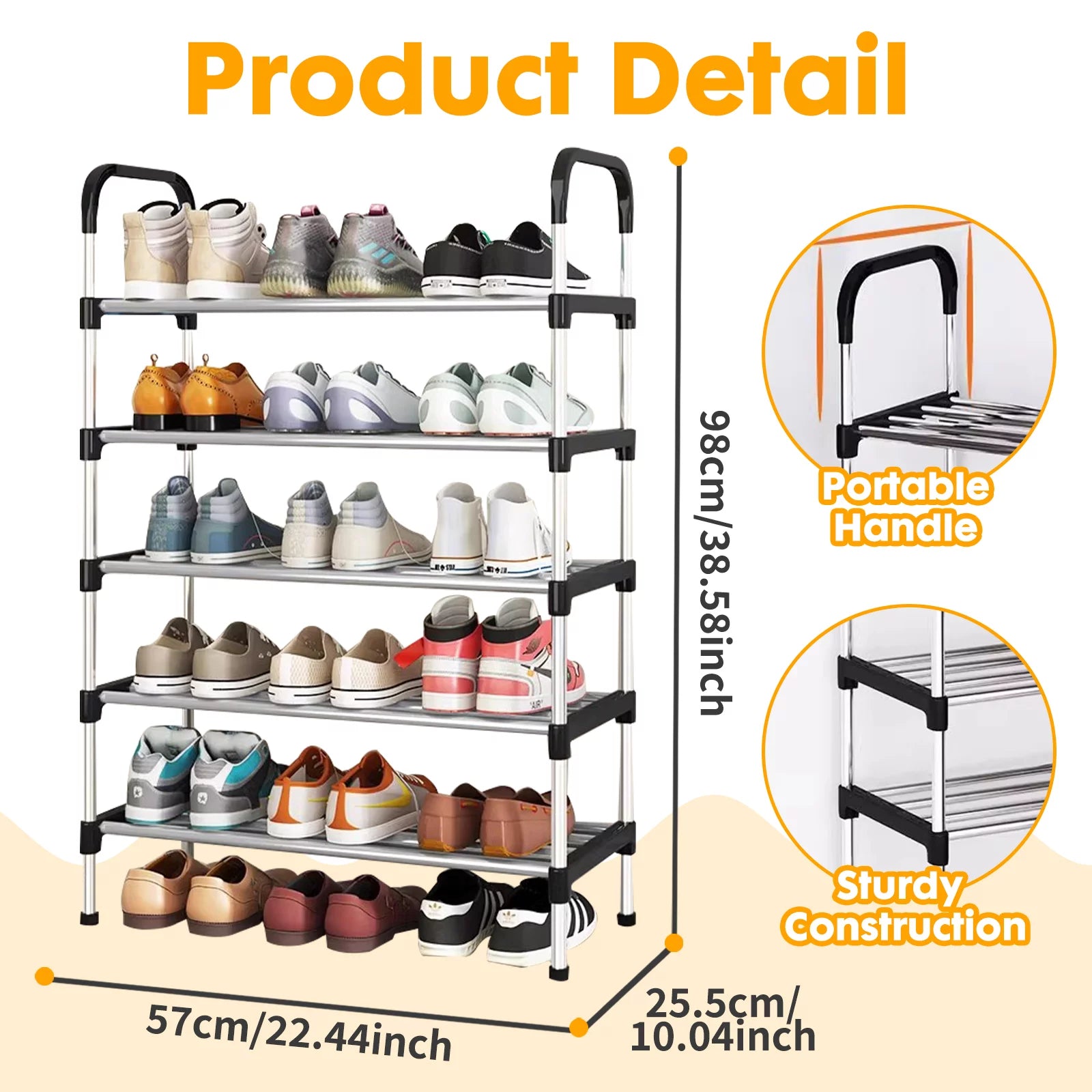 5 Tier Shoe Rack, Stackable Metal 15 Pairs Shoes Organizer Storage Shelf for Closet Door Entryway