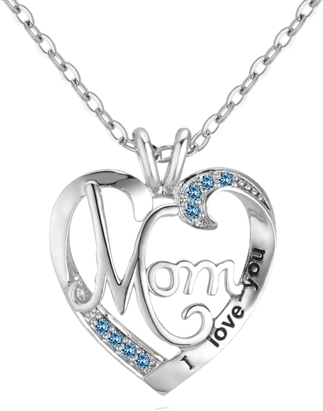 I LOVE YOU Mom Birth Stones Necklace, Silver Love Heart Pendant Necklace for Mom, Necklace Gift for Mother with 18''+2'' Chain