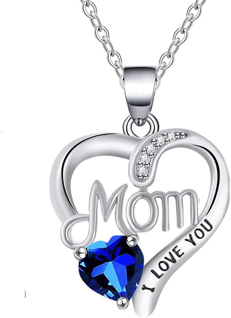 I LOVE YOU Mom Birth Stones Necklace, Silver Love Heart Pendant Necklace for Mom, Necklace Gift for Mother with 18''+2'' Chain