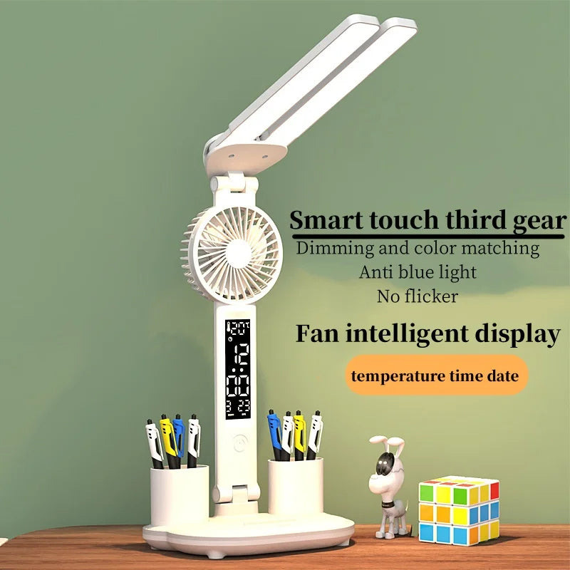 Foldable LED Table Light Eye Protection Multifunction Desk Lamp With Thermometer Calendar Fan Pen Holder Study Reading Fan Light Devogue