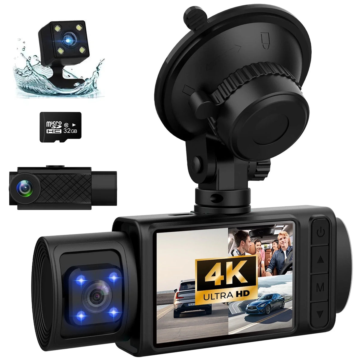 Dash Cam, 3 Channel Dash Cam, 4K+1080P Dash Cam Front and Inside, Triple Dash Cam for Car, Dash Camera with 32GB Card, 2160P Full UHD, G-Sensor,