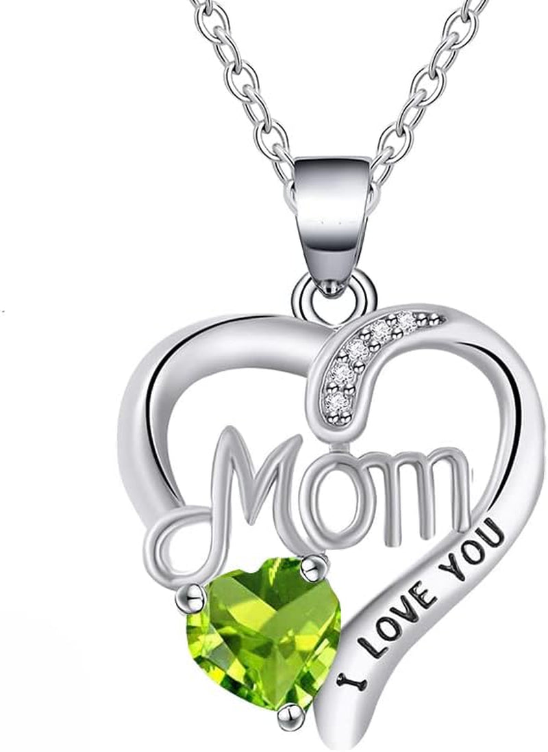 I LOVE YOU Mom Birth Stones Necklace, Silver Love Heart Pendant Necklace for Mom, Necklace Gift for Mother with 18''+2'' Chain