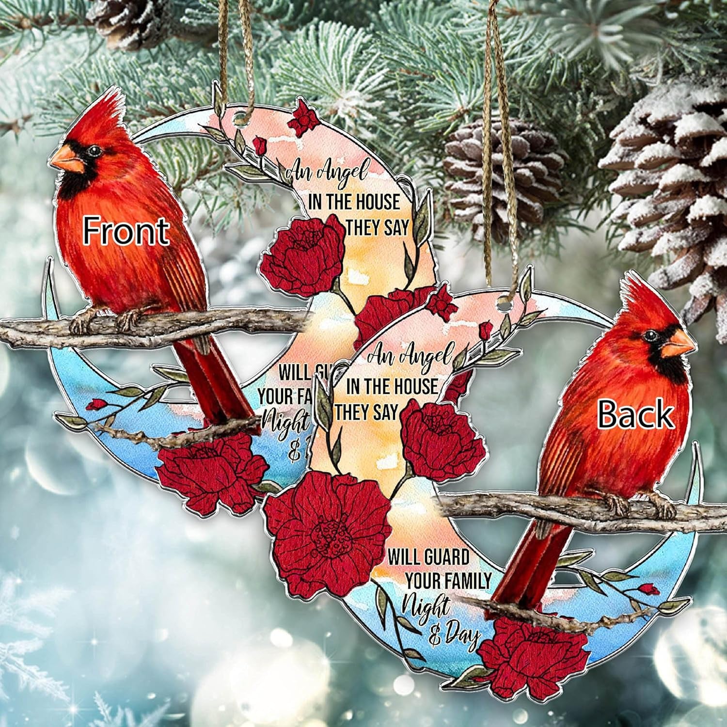 Cardinal Christmas Tree Ornaments Father'S Day - Birthday Gifts - an Angel in the House They Say Will Guard Your Family Night and Day Red Bird Xmas Memorial Gift - Car Hanging Ornament