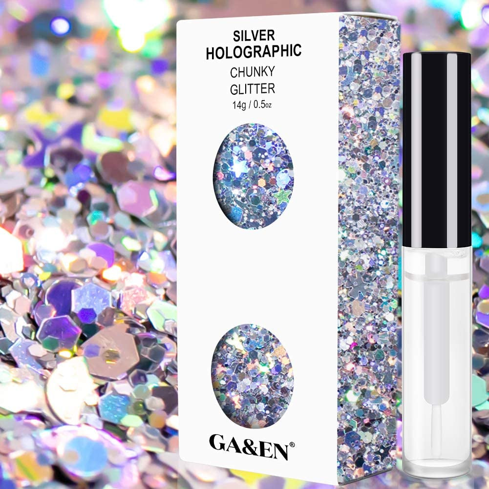 Silver Holographic Chunky Glitter Cosmetic Body Hair Face Eye Nail for Festival Carnival Concert Party Beauty Rave Accessories Different Sizes&Shapes 2 Pots 14G/0.5Oz+ Quick Dry Primer Glue Gel