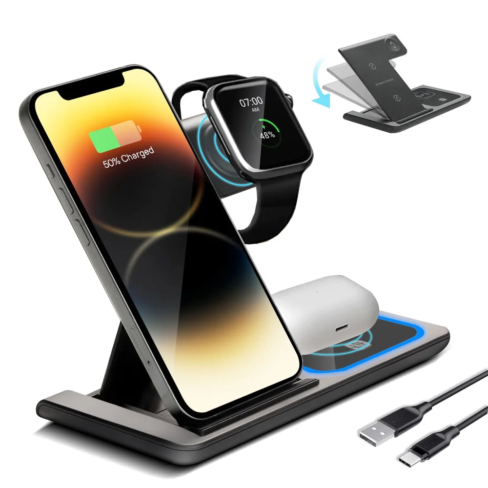 3-In-1 Wireless Charging Station 15W Fast Wireless Charging Base for Iphone15/14/13/12/11/Pro, Iwatch, Airpods Pro, Qi Standard Mobile Phones, Foldable Wireless Charging Stand Black