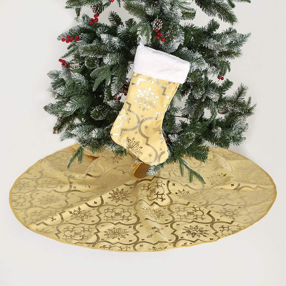 Yellow Christmas Tree Skirt, 48 Inches Large Red Flannel Tree Mat with Gilded Christmas Patterns Skirt for Xmas Tree Holiday Party Decorations Indoor Outdoor with 1 Christmas Stocking (Yellow)