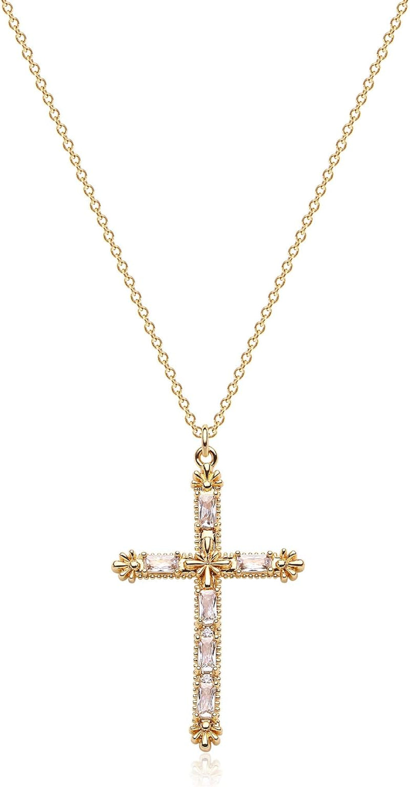 Gold Dainty Cross Necklace for Women,18K Gold Plated Latin CZ Cross Faith Pendant Necklace Minimalist Handmade Crucifix Chain Jewelry Gift