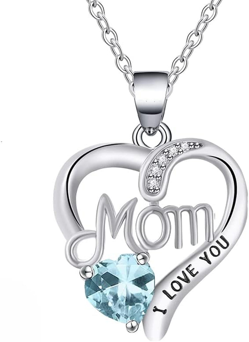 I LOVE YOU Mom Birth Stones Necklace, Silver Love Heart Pendant Necklace for Mom, Necklace Gift for Mother with 18''+2'' Chain