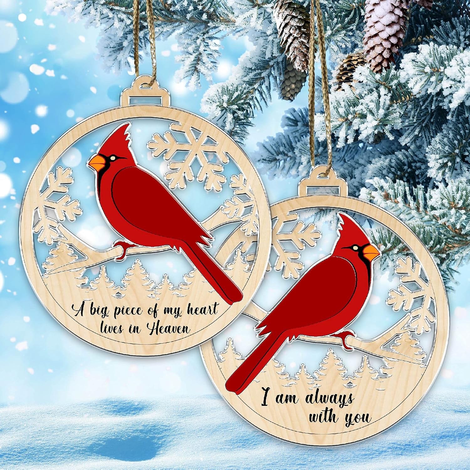 1Pcs -2 Side  Cardinal Christmas Tree Ornaments a Big Piece of My Heart Lives in Heaven Red Bird Xmas Memorial Gift - 01 Peace of 02 Side Printed Ornament