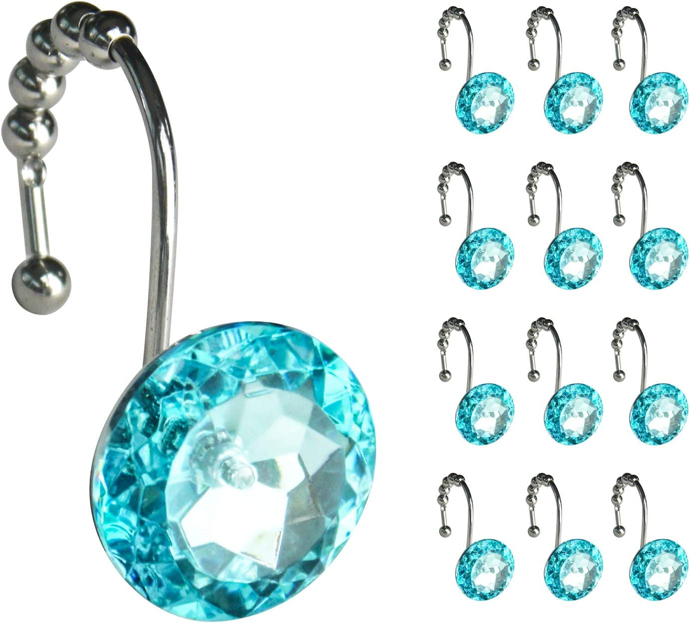 Luxury Design round Teal Blue Diamond Crystal Gem Bling with Glide Balls Shower Curtain Hooks for Mermaid Shower Curtains, Rust Proof Metal Rhinestones Glam Shower Curtain Rings-12 Pack