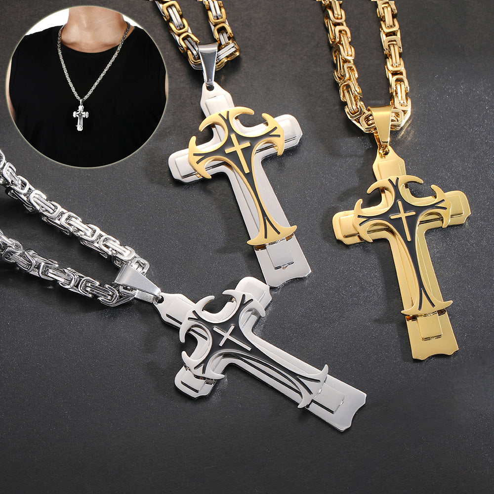 Fashion Jewelry Christian Trinity Latin Cross Necklace For Men Stainless Steel Three Layers Cross Pendants Necklaces Jewelry Gift Devogue