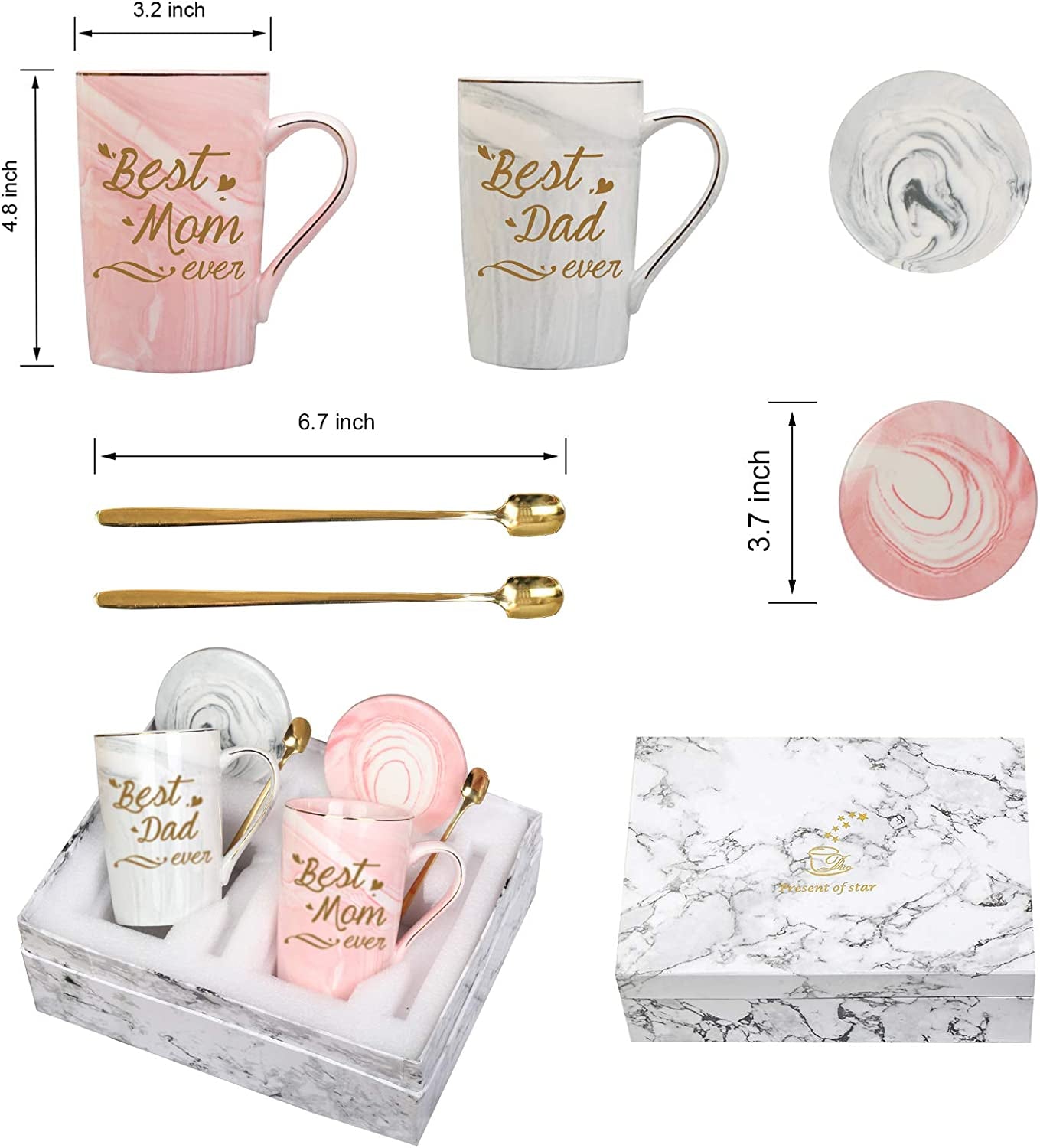 Best Mom and Dad Coffee Mugs Best Dad and Mom Mug Birthday Mothers Day Fathers Day Mugs for Mom Dad from Daughter Son New Parent Mug 14 Ounce Gift Box with Spoon and Mug Mat Pink and Gray