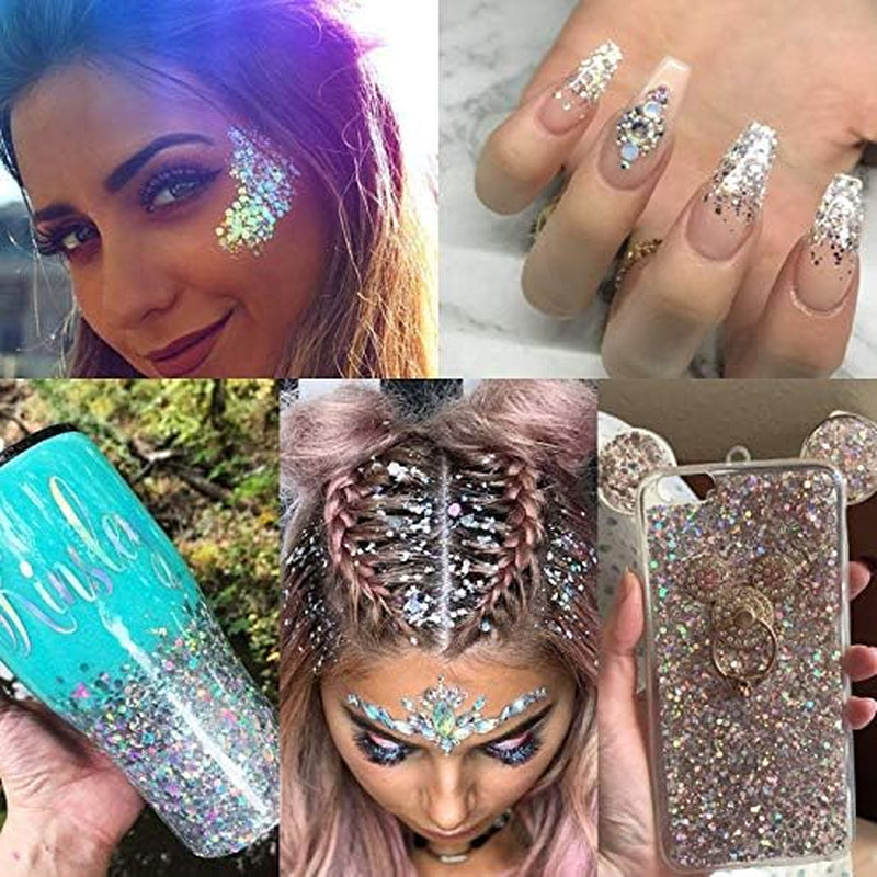 Silver Holographic Chunky Glitter Cosmetic Body Hair Face Eye Nail for Festival Carnival Concert Party Beauty Rave Accessories Different Sizes&Shapes 2 Pots 14G/0.5Oz+ Quick Dry Primer Glue Gel