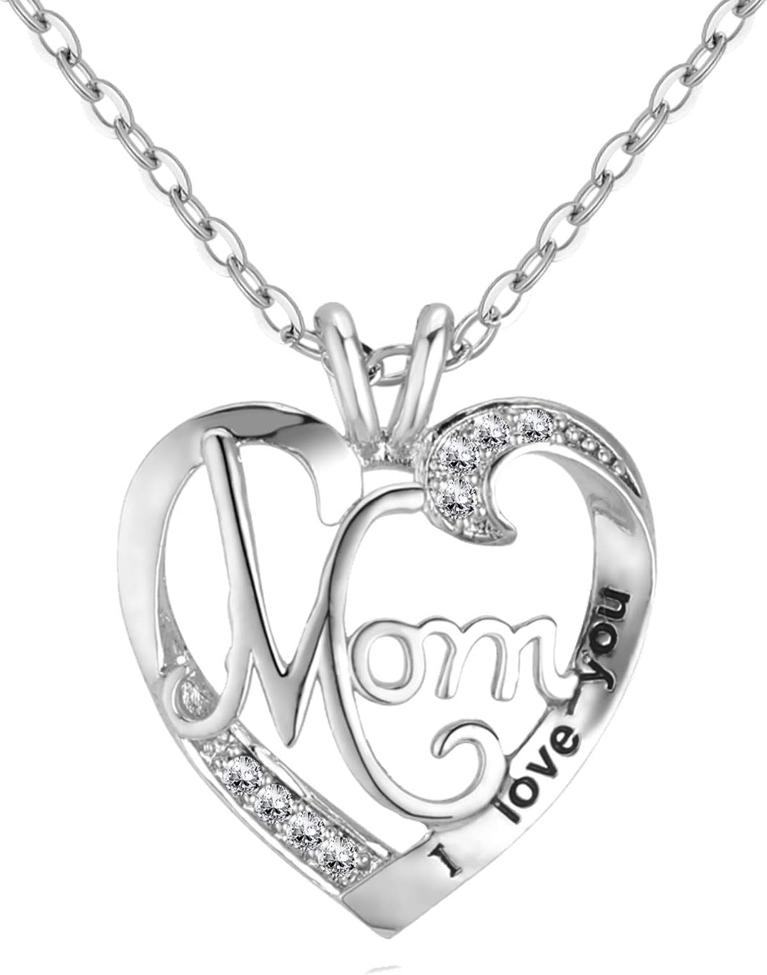 I LOVE YOU Mom Birth Stones Necklace, Silver Love Heart Pendant Necklace for Mom, Necklace Gift for Mother with 18''+2'' Chain